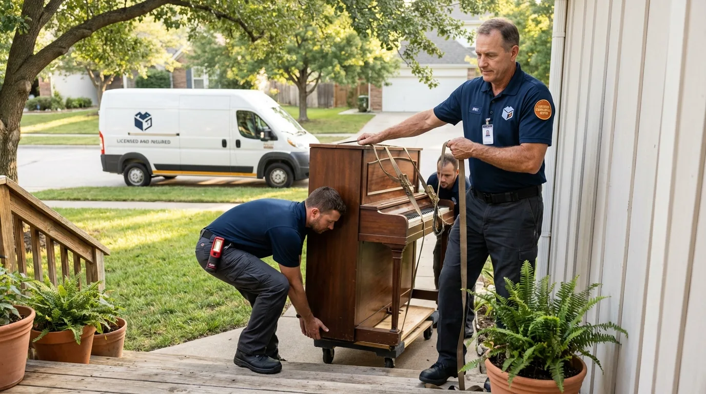 Licensed piano movers securing grand piano in Thomaston, CT
