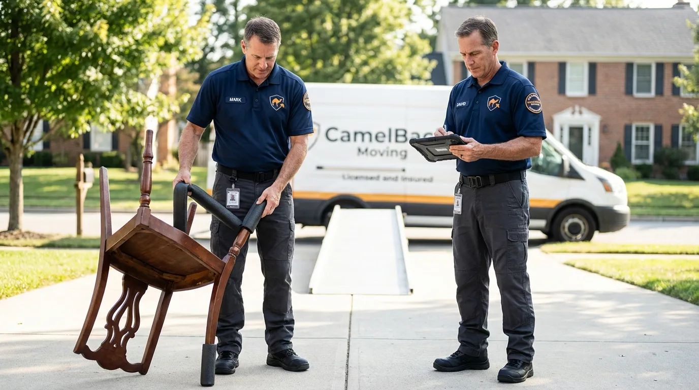 Movers inspecting furniture for damage prevention before loading in Thomaston, CT