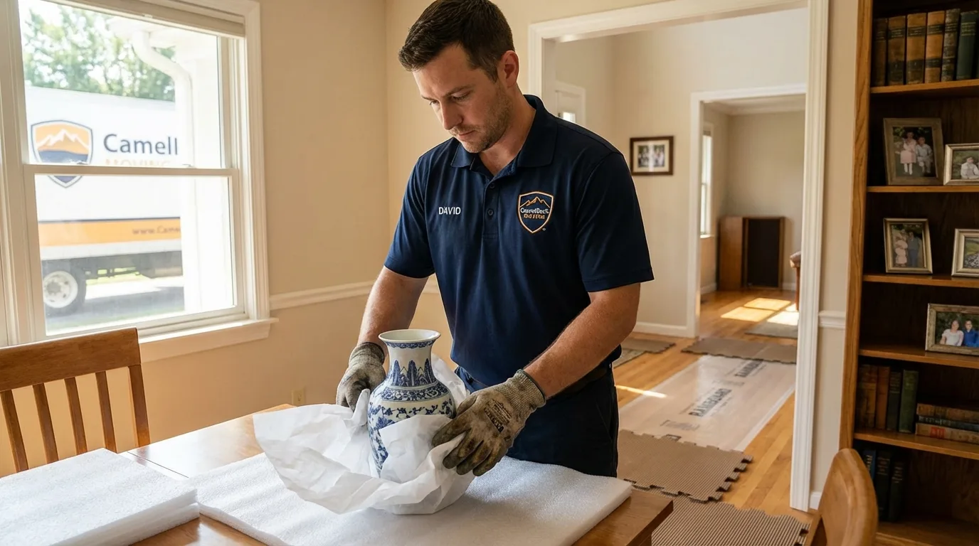 Professional crew carefully wrapping antique vase for senior downsizing move in Thomaston, CT