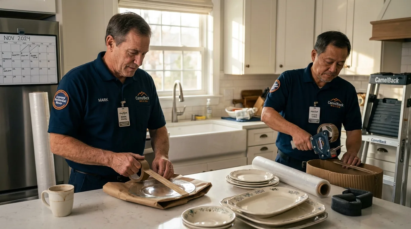Professional crew packing kitchen dishware in Thomaston, CT